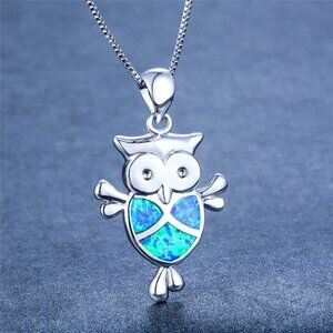 Blue Fire Opal Cute Owl Pendant Silver Necklace & Chain